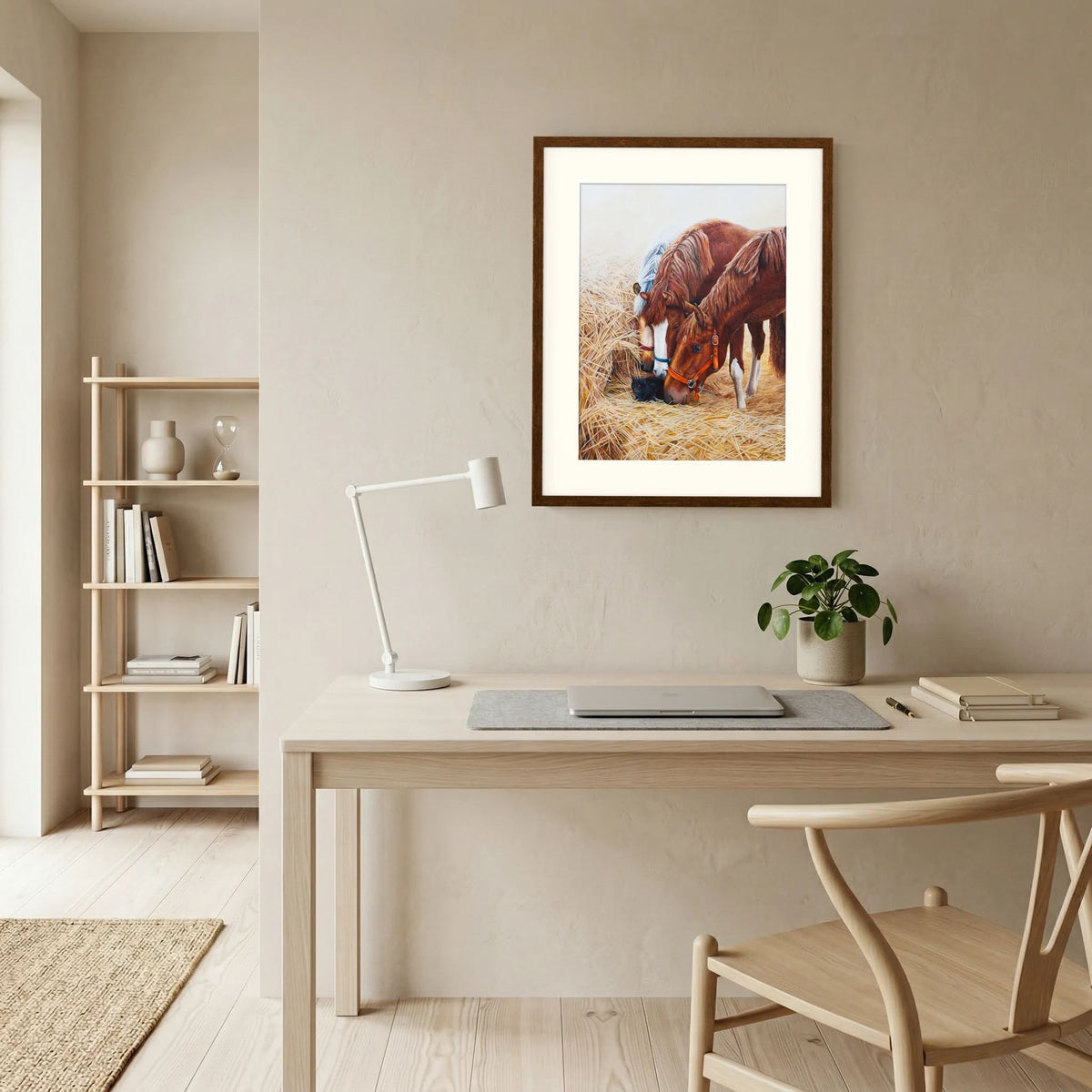 A framed (dark oak) paper art print with a freja passepartout depicting three young horses and a black cat displayed on a beige wall above a light wood desk in a minimalist, modern room setting.