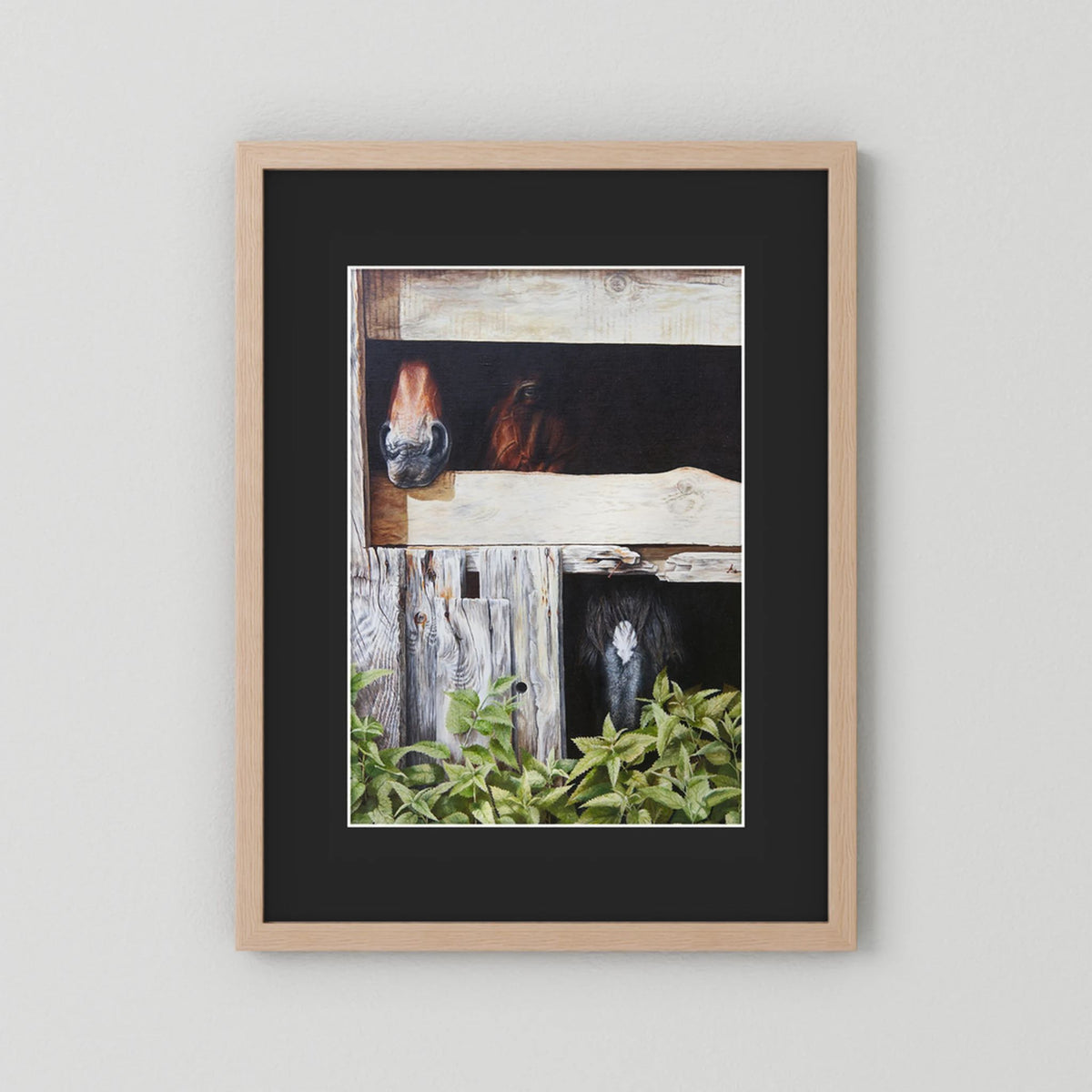 Framed (nature oak) wall art paper print with a black passepartout featuring a rustic painting of horses behind weathered wooden stall, shown hanging on a light gray wall.