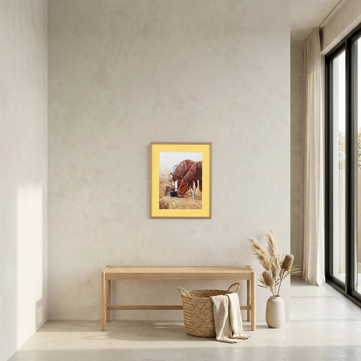 A framed (nature oak) paper art print with a yellow passepartout depicting three young horses and a black cat, styled on a textured beige wall above a light wood bench with a woven basket and dried grass in a bright, modern room.