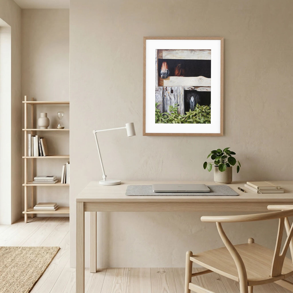 A framed (nature oak) art print with white passepartout featuring a rustic scene with three horses and greenery, displayed on a beige wall above a minimalist wooden desk in a bright, modern room.