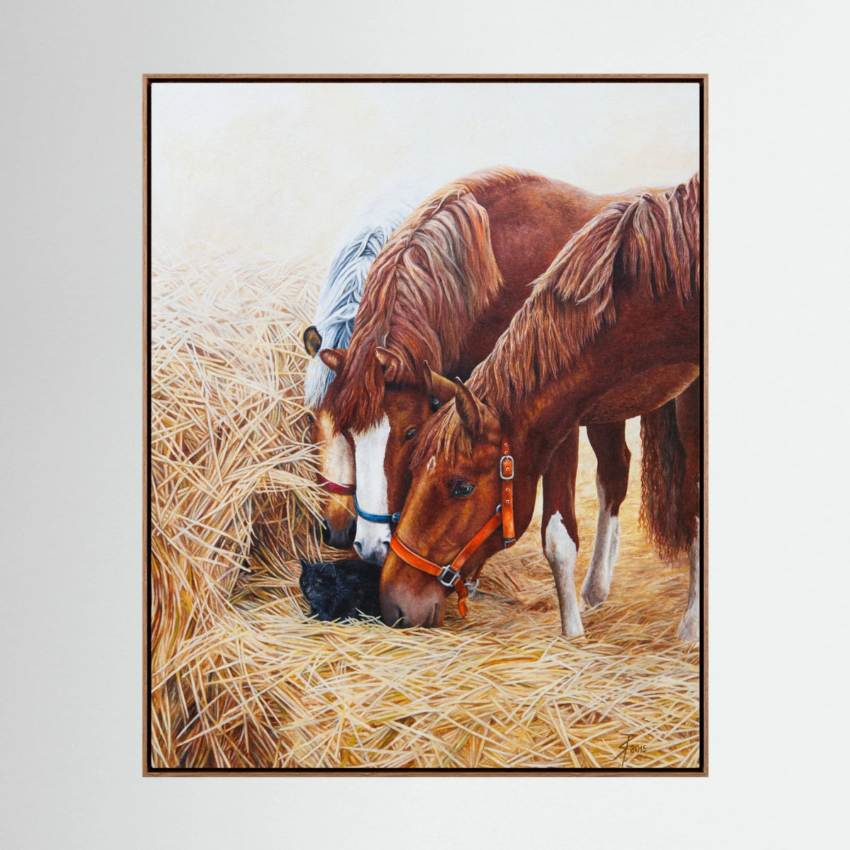 Framed (nature oak) canvas wall art print featuring three young horses and a black cat.