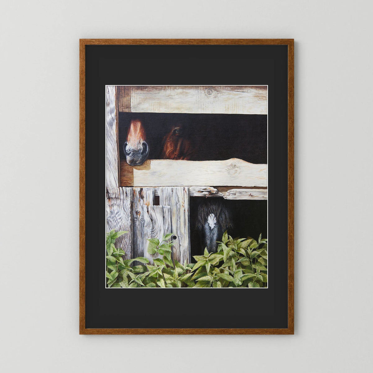 Framed (dark oak) paper wall art print with a black passepartout featuring a rustic barn scene with horses visible through wooden stalls, mounted against a light gray wall.