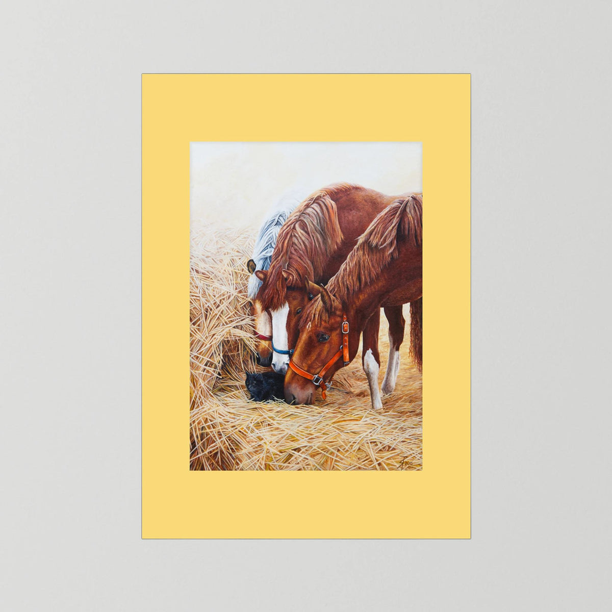 A unframed paper art print with a yellow passepartout featuring a painting of three young horses and a black cat displayed against a neutral light gray background.