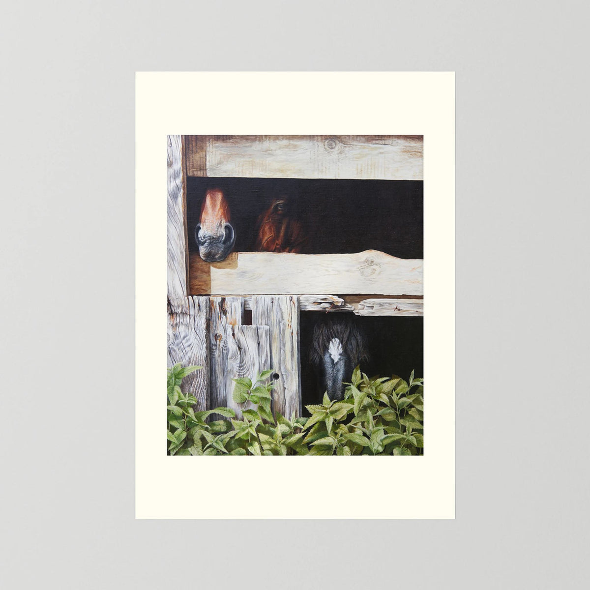 A vertical paper art print featuring a painted scene of horses in a stable, with green foliage at the bottom, surrounded by a wide cream border (Freja passepartout) on a light gray background.