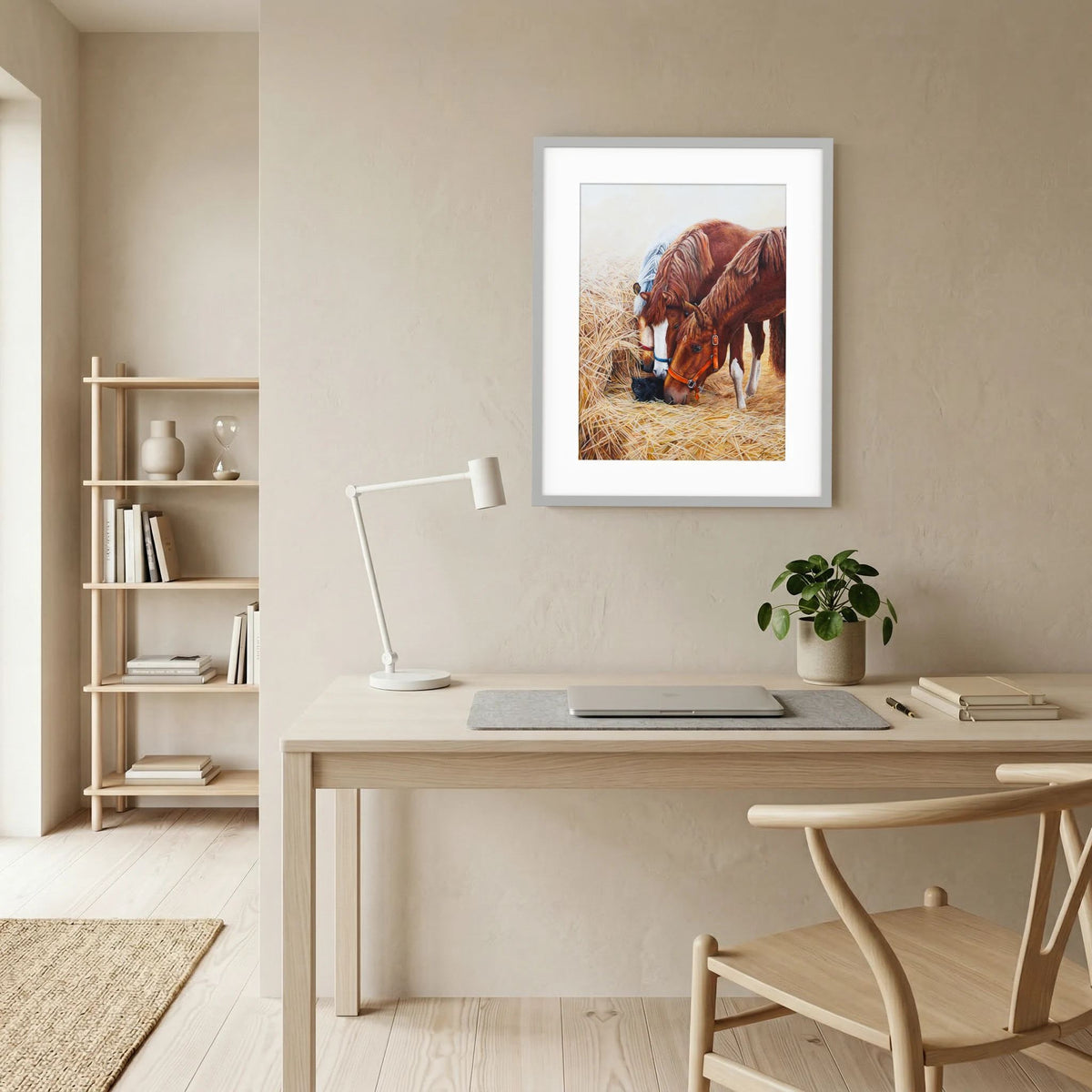 A framed (white frame) paper art print with a white passepartout depicting three young horses and a black cat, displayed on a beige wall above a light wood desk in a minimalist, modern room setting.