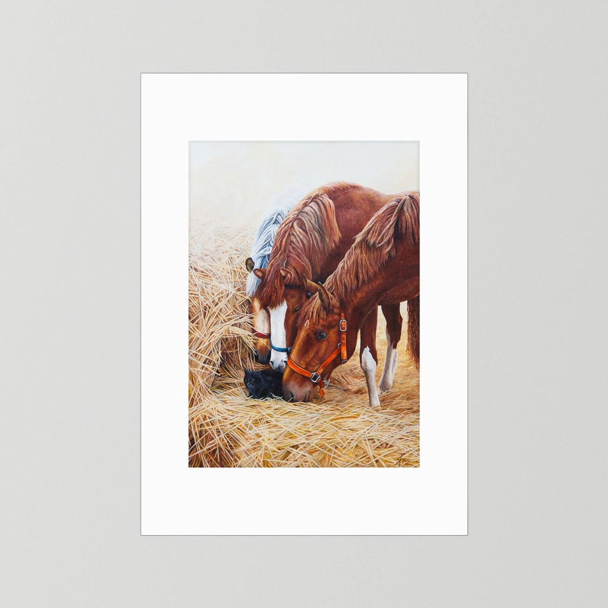 A unframed paper art print with a white passepartout featuring a painting of three young horses and a black cat displayed against a neutral light gray background.