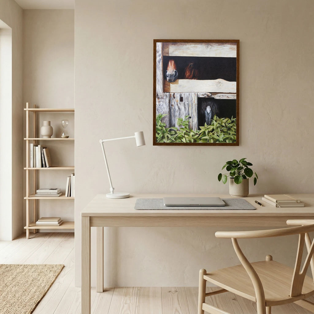 A framed (dark oak frame) art paper print depicting a rustic window scene with three horses and green foliage hangs on a beige wall above a light wood desk with a white desk lamp and a laptop in a minimalist home office setting.