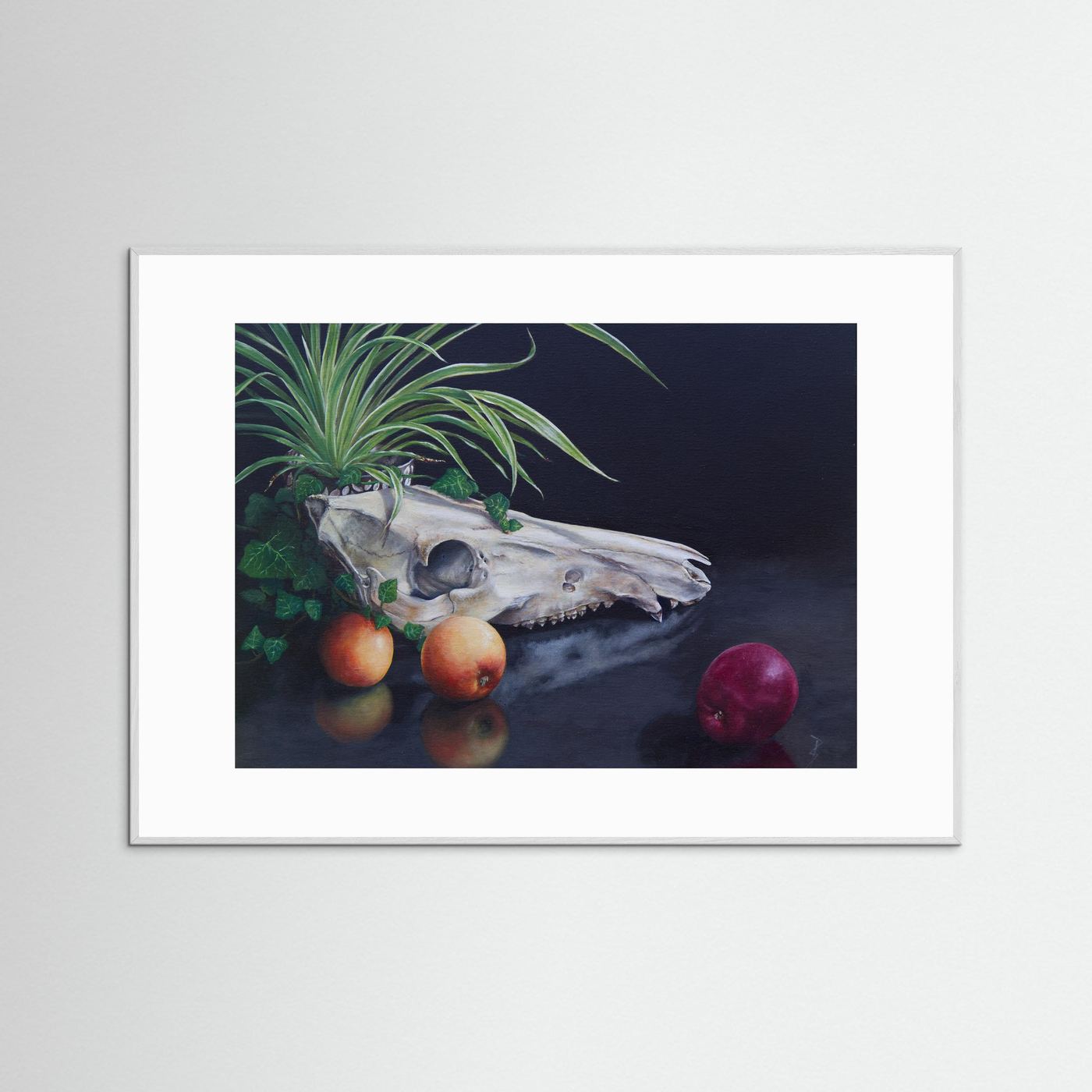 A framed (white frame) still life paper art print with a white passepartout featuring a white animal skull with green leaves and apples on a dark reflective surface, displayed against a light gray wall.