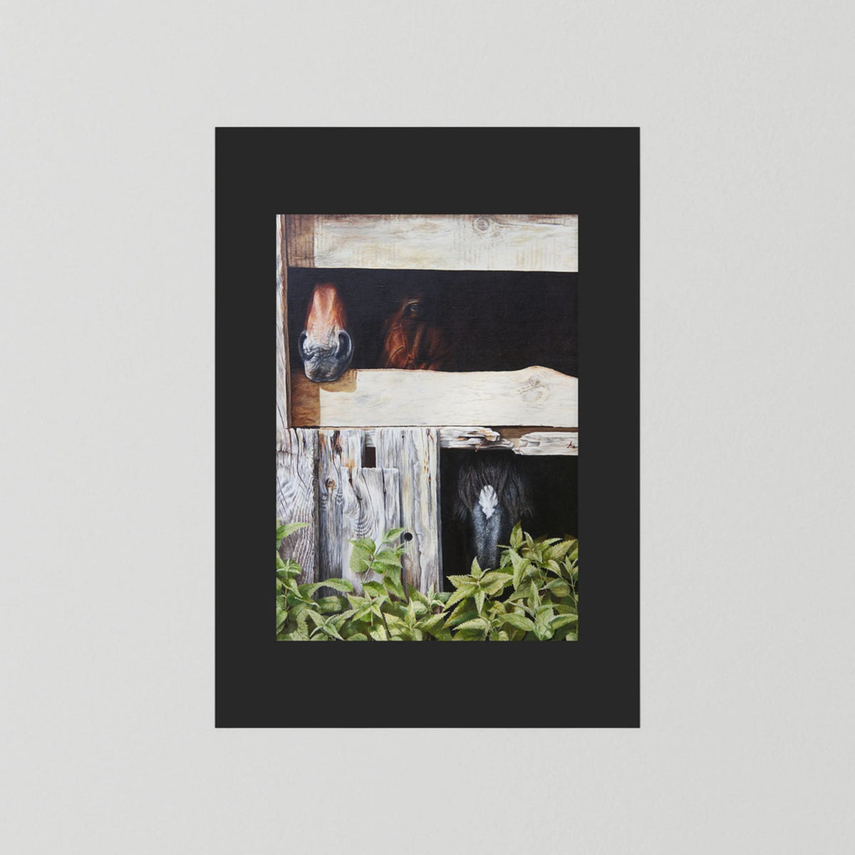 A unframed paper art print with a black passepartout depicting three horses peeking out from a rustic wooden stable, with green foliage in the foreground, shown against a light gray background.